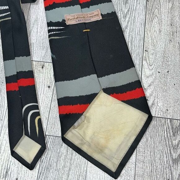 VTG Marshall Field & Company Mens Geometric Print Neck Tie Black Red Gray Yellow - Picture 8 of 10